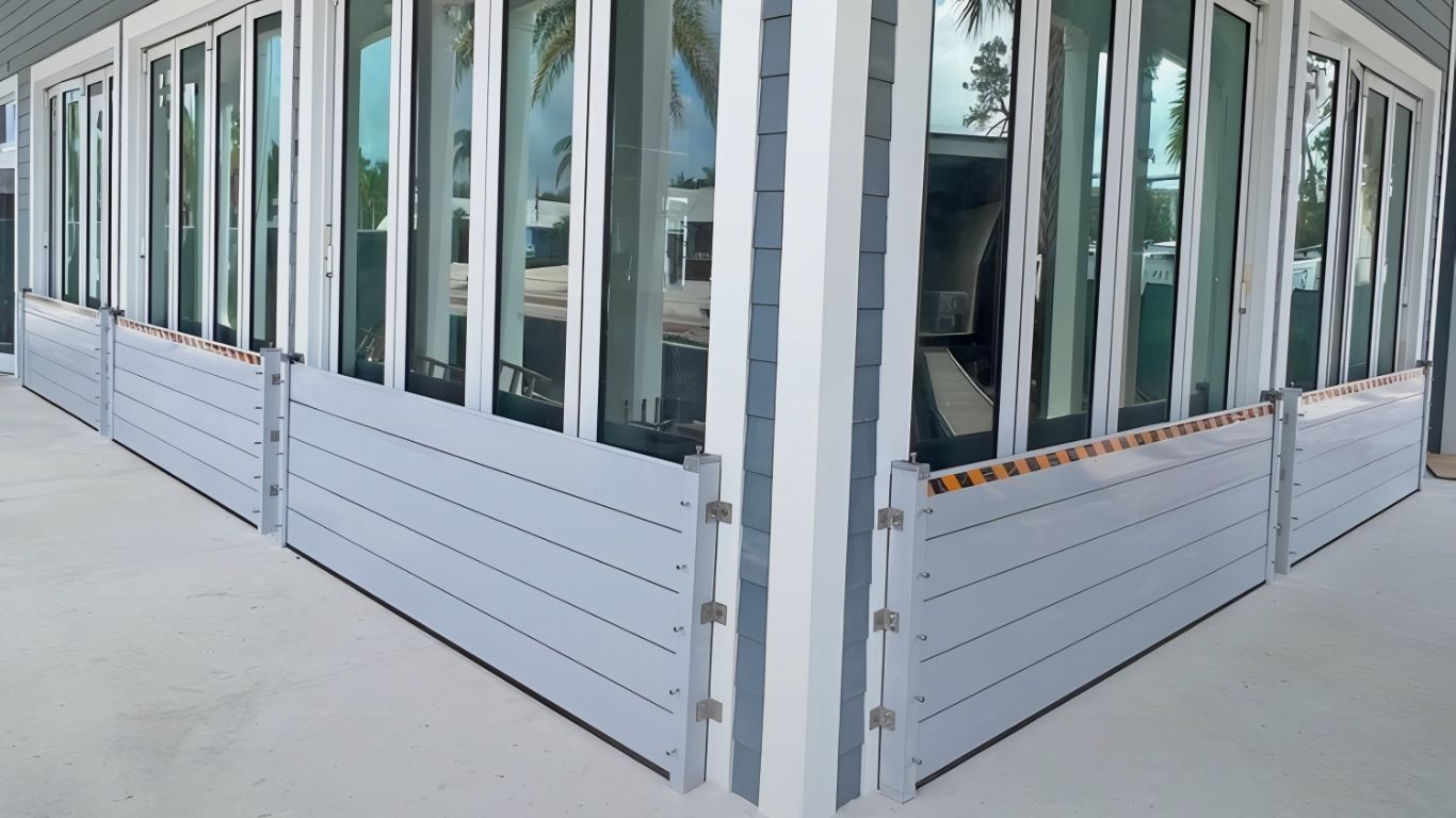 Aluminum flood plank barrier system installed for Naples flood protection, providing a sleek, effective solution for safeguarding buildings from water damage.