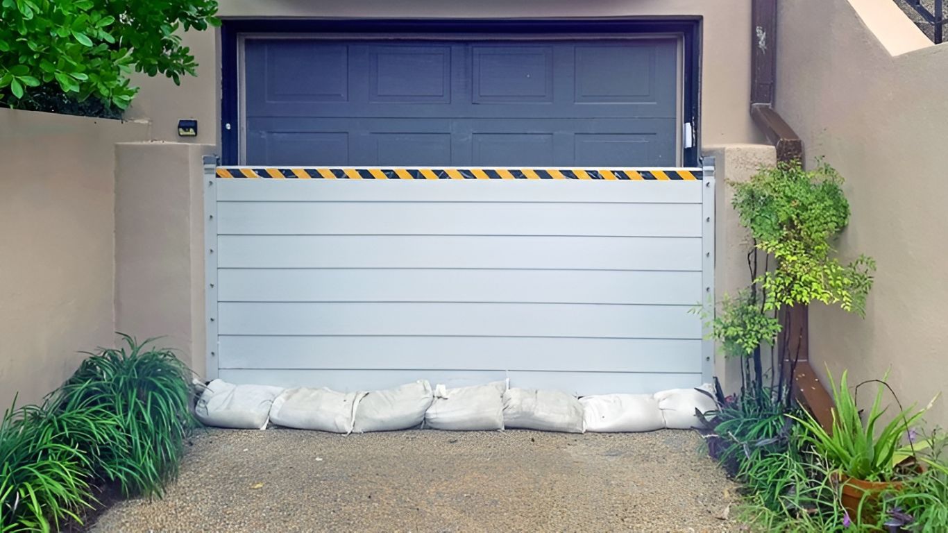 Aluminum flood plank barrier installed at a garage, reinforced with sandbags for flood protection during storms.