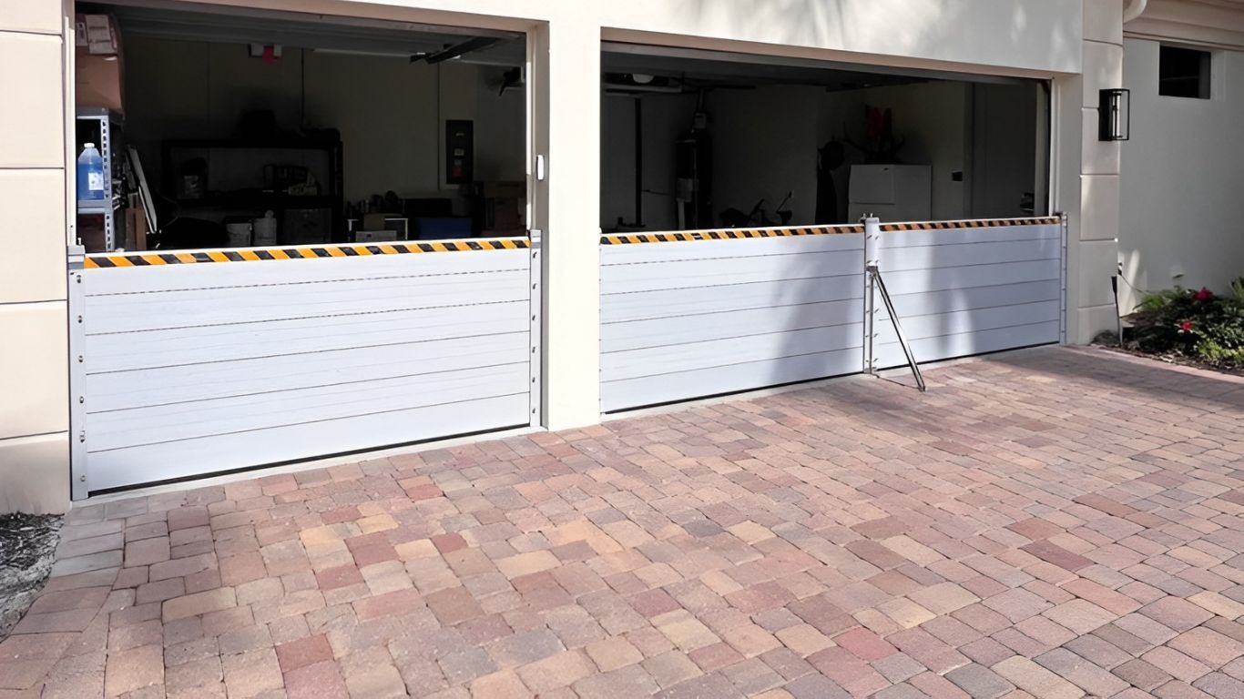 Aluminum flood plank barrier system installed in front of a garage for effective flood protection.
